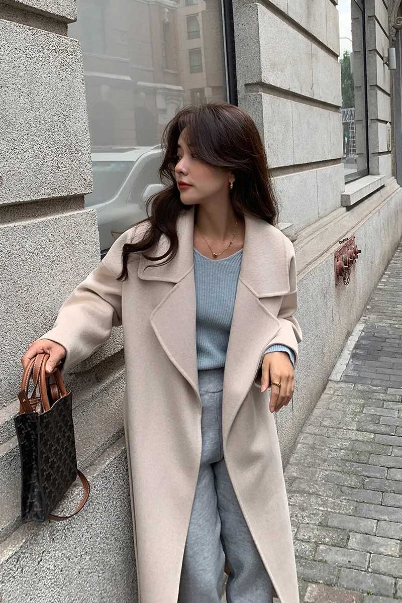 2024 New Autumn And Winter Womens Coat 100% Merino Wool Lapel Tie Commuting Classic Retro Loose Mid-Length CoatX241009