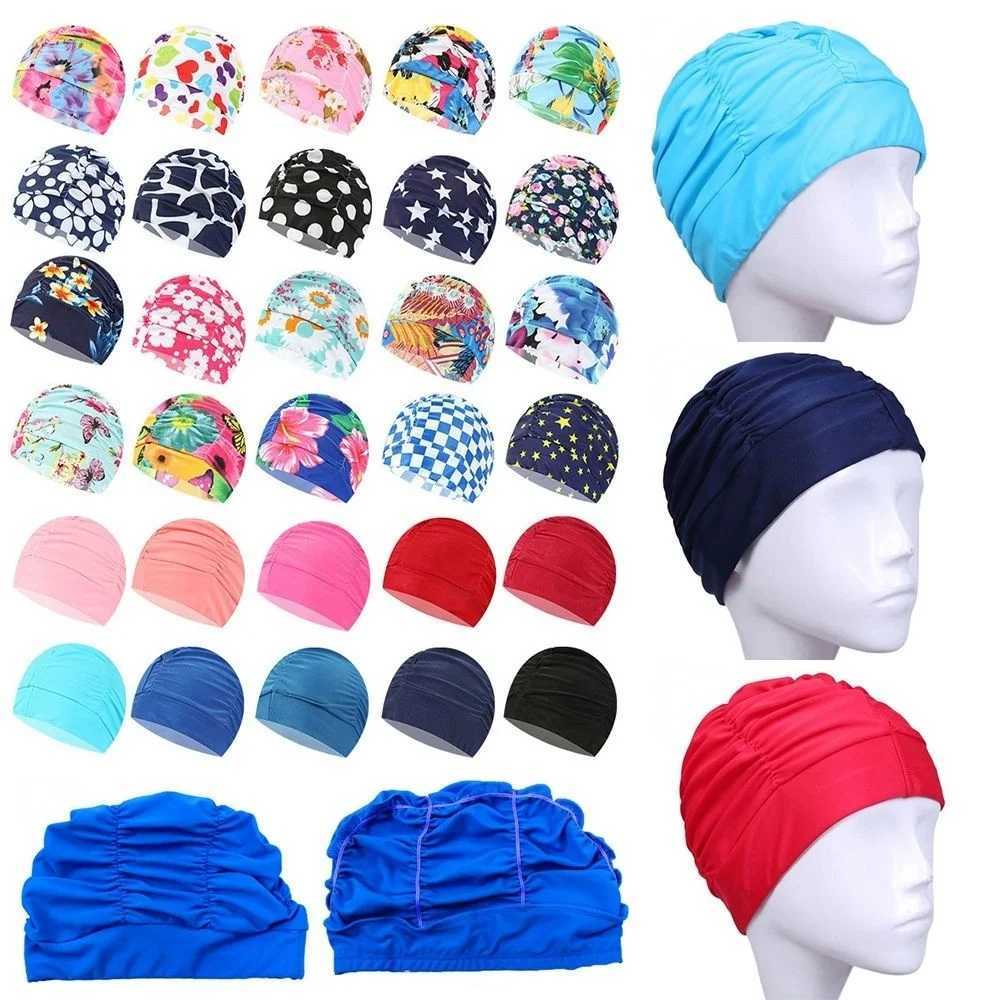 Elastic nylon Turban swimming pool cap long hair swimming protection cap mens printed pleated swimming cap CL241009
