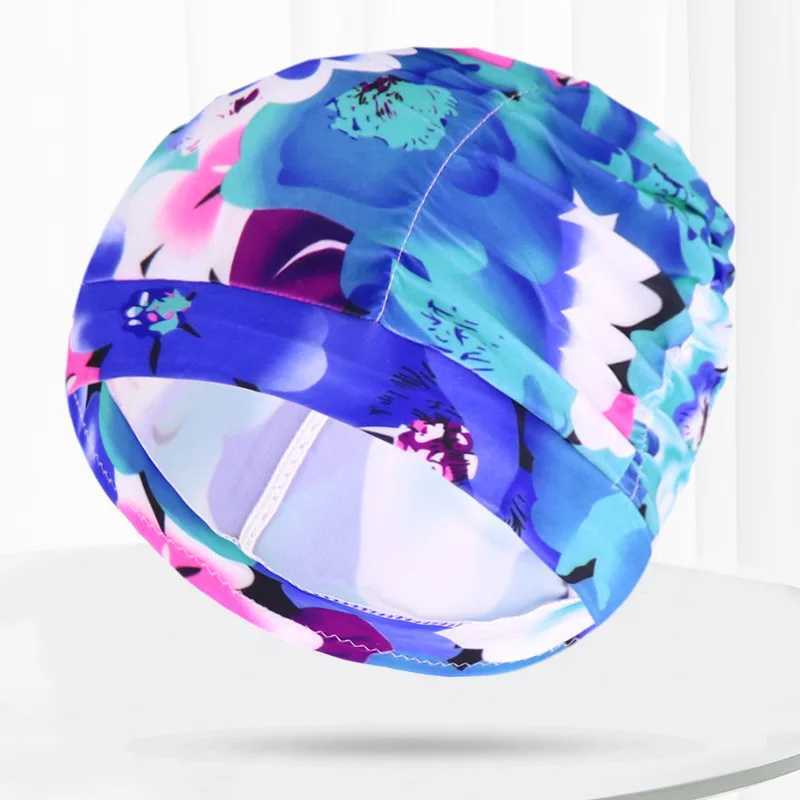 Folding flower petal fabric swimming cap swimming pool beach protection long hair ear shower cap CL241009