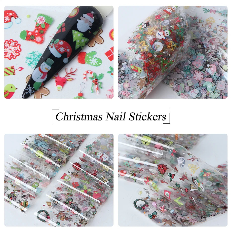 10 Christmas Decorative Nails Mixed Color Transfer Nail Foil Stickers Snowflake Deer Gifts Santa Claus Adhesive Paper CH1036-1 241008