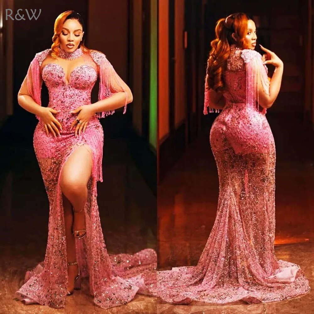 R&W 2024 urious Aso Ebi Prom Dresses for Black Women Pink Promdress Illusion High Neck Beaded Lace Beading Tassel Side Split Birthday Dress Reception 