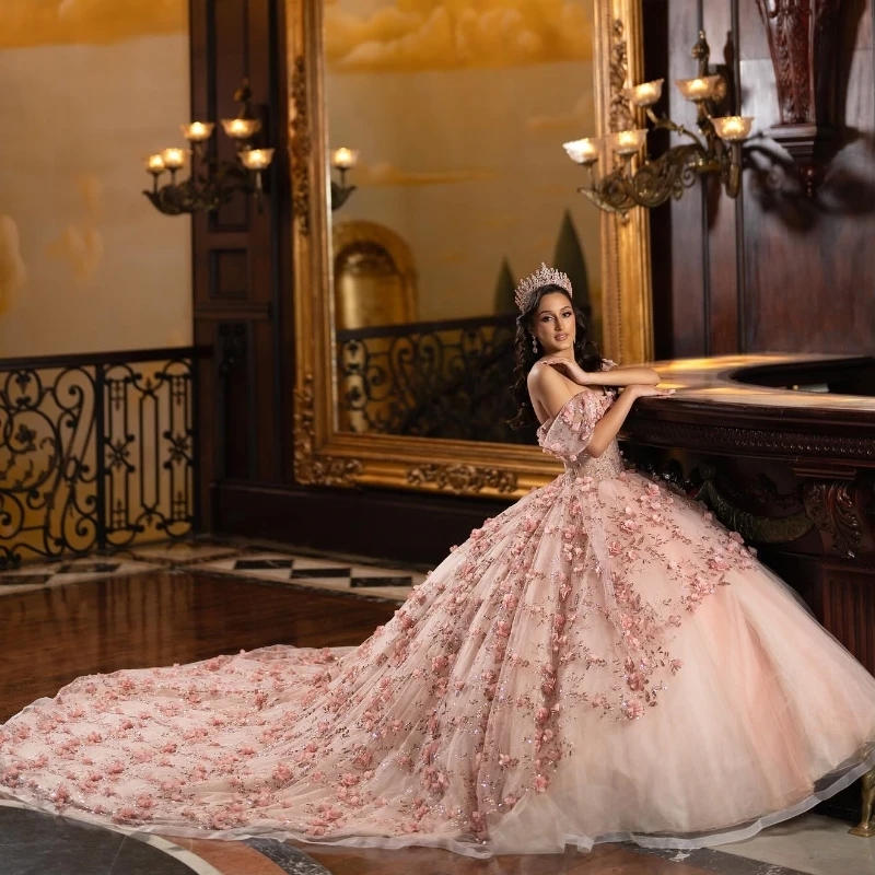 Luxury Pink Shiny Princess Quinceanera Dresses Sequin Appliques Lace Flower Beads Tull Party Dress Tulle Sweet 16 Dress Vestido De 15 Anos