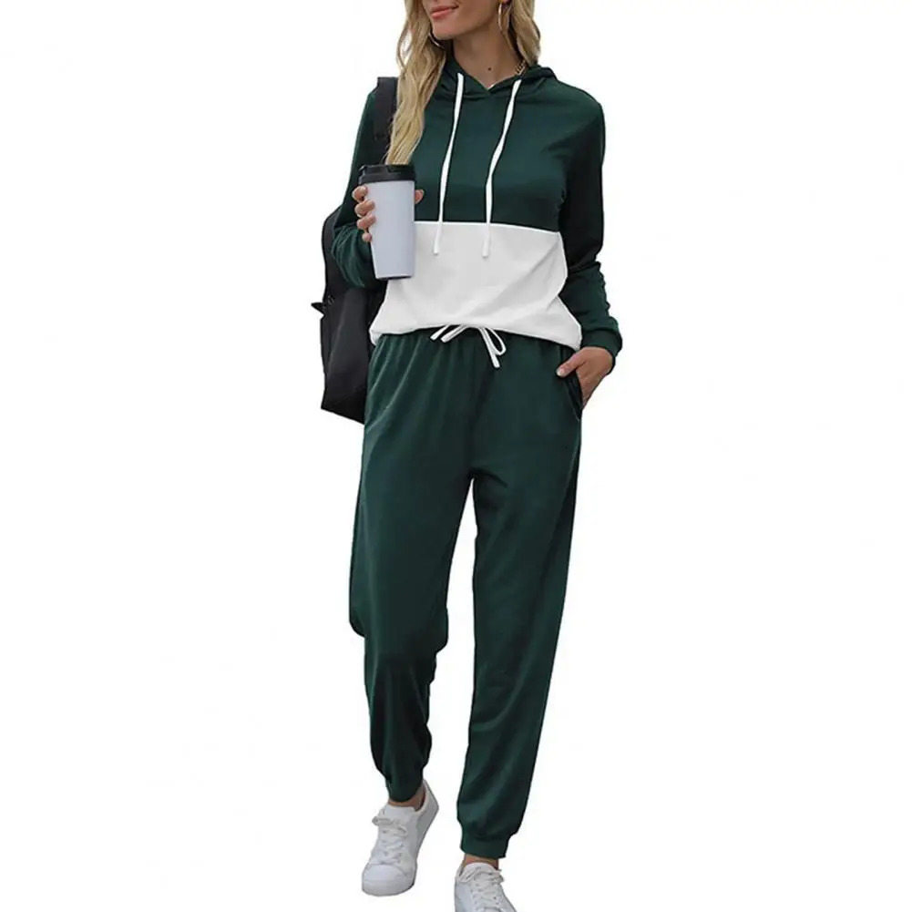1 set of sportswear womens running long sleeved patchwork work polyester casual hooded pants fitness 241007