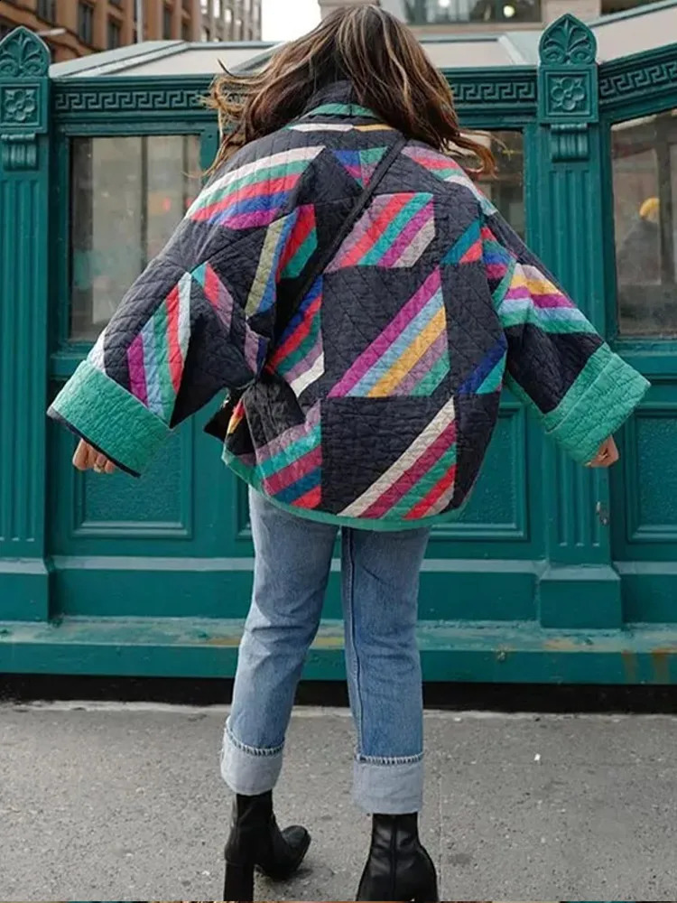 Autumn striped printed cotton lined womens jacket winter casual long sleeved comparison jacket 241007