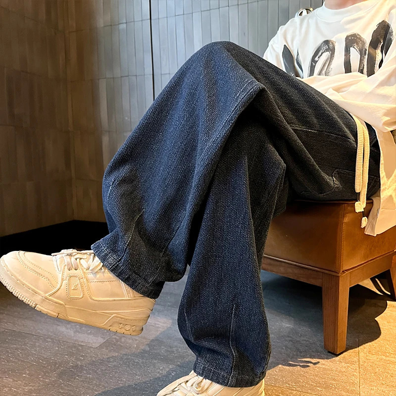 Classic solid color straight jeans casual wide leg denim Trousers autumn hiphop mens streetwear bag jogging 240929