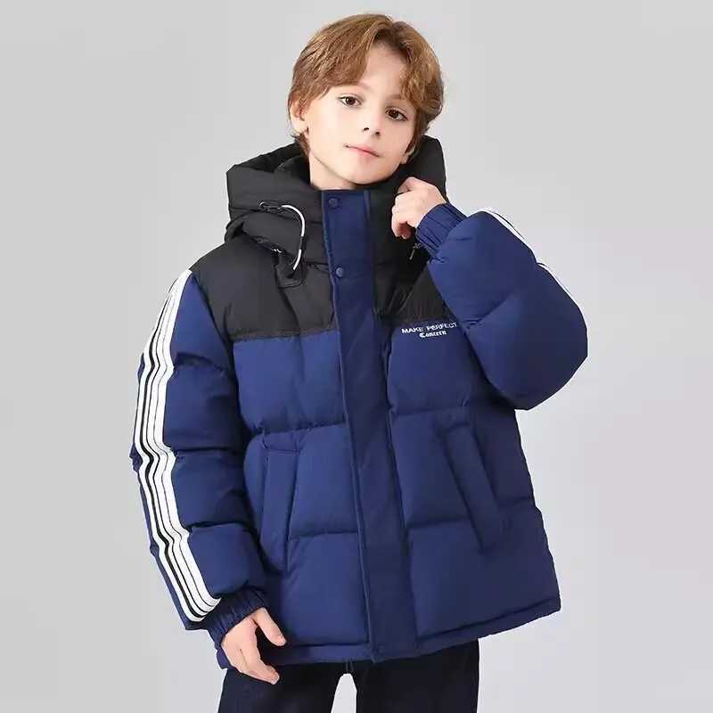 Winter Children Girl Down Jacket Loose Solid Stripe Sleeve ToddlerBoys Snowsuit Thicken Warm Hooded Junior Girl Coat LX241009