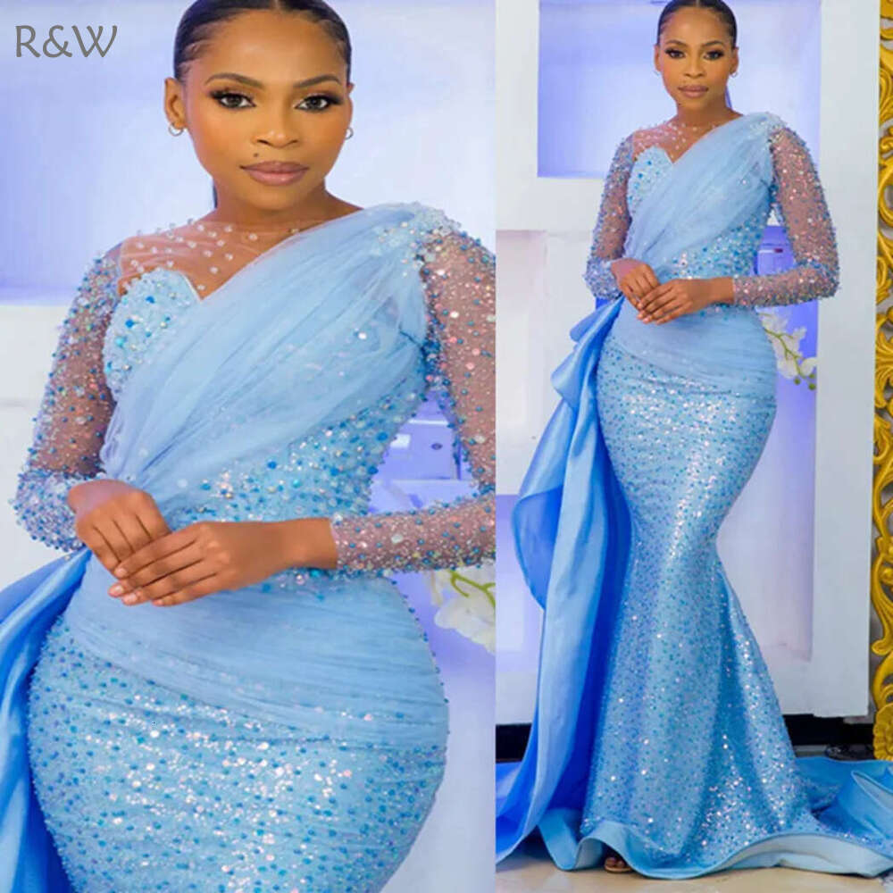 R&W 2024 Aso Ebi Prom Evening Dresses Mermaid Illusion Formal Gown Sheer Neck Beaded Sequined Lace Birthday Dress Abendkleider Vestido De Sorrie AM132