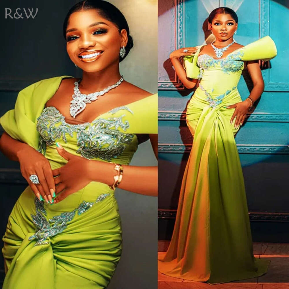 R&W 2024 Plus Size Green Prom With Detachable Portrait Necke Mermaid Promdress Evening Formal Gowns Appliqued Beaded Birthday Dress Vestido De Sorri A