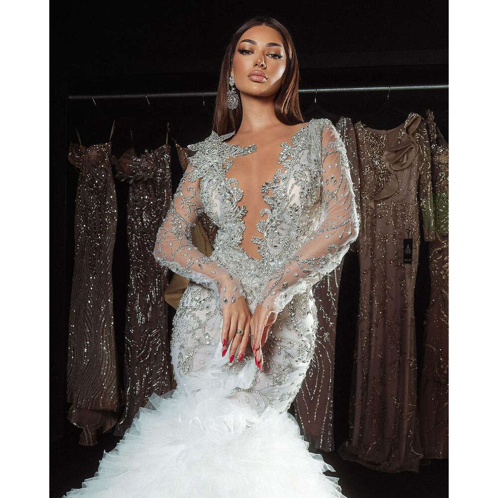 Wedding Dress Mermaid V-Neck Crystal Appliques Ruffles Long Sleeve Gorgeous Bride Vestido De Noiva Custom Made 0228Lz