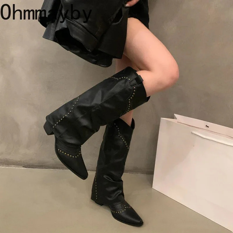 Autumn and Winter Womens Knee High Boots Retro Style Western Knight Boots Pointed Toe Square High Heels Womens Shoes 241007