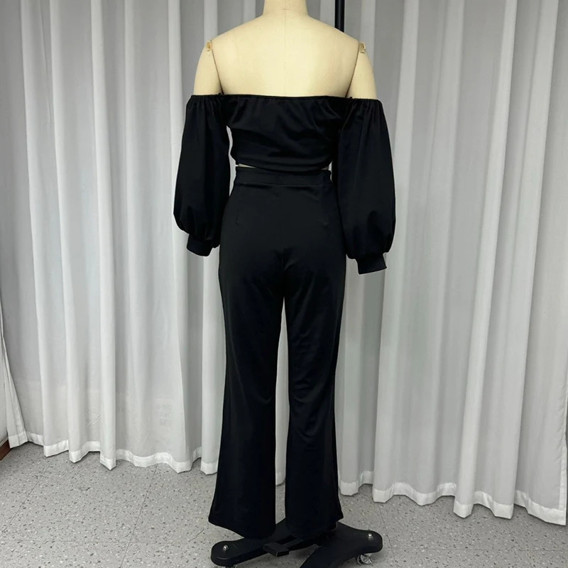 Wefads twopiece womens summer casual fashion solid shoulder light cover backless short top loose tight pants set 241008