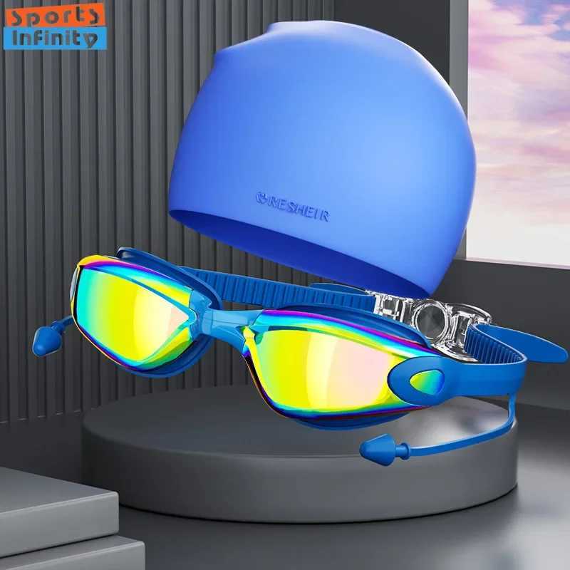 Adult high-definition swimming goggles womens waterproof and anti fog electroplated swimming goggles mens silicone swimming cap unisex version CL24100