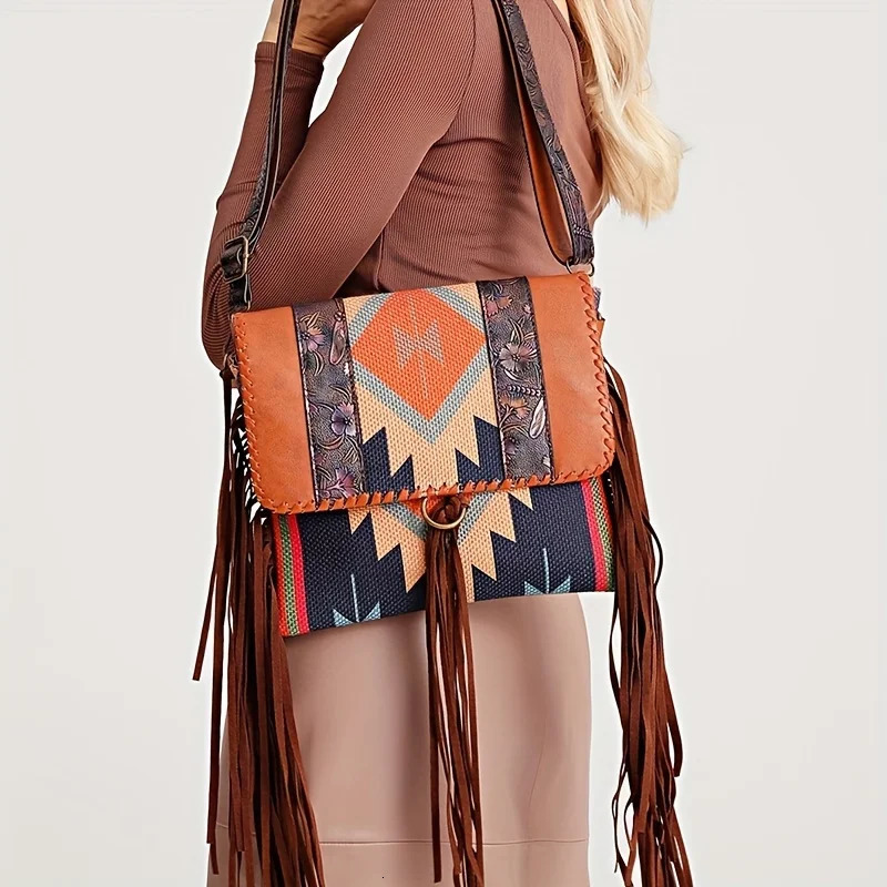 Womens Bohemian style tassel cross body bag womens ethnic shoulder strap bag womens retro ruffled lapel wallet 241008
