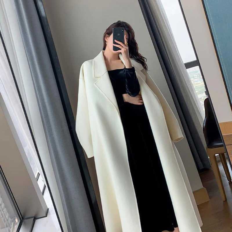 Elegant Midi Wool Blends Coat Women Korean Thicken Long Bandage Jackets Oversized Lace Up Outwear White Cardigan Woolen OvercoatX241009