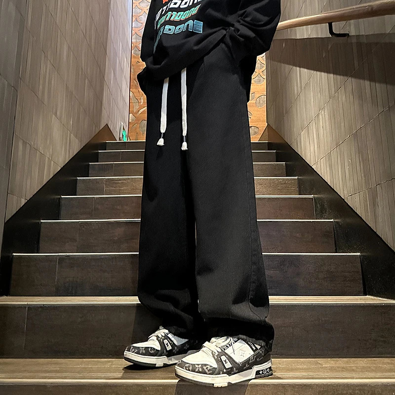 Classic solid color straight jeans casual wide leg denim Trousers autumn hiphop mens streetwear bag jogging 240929