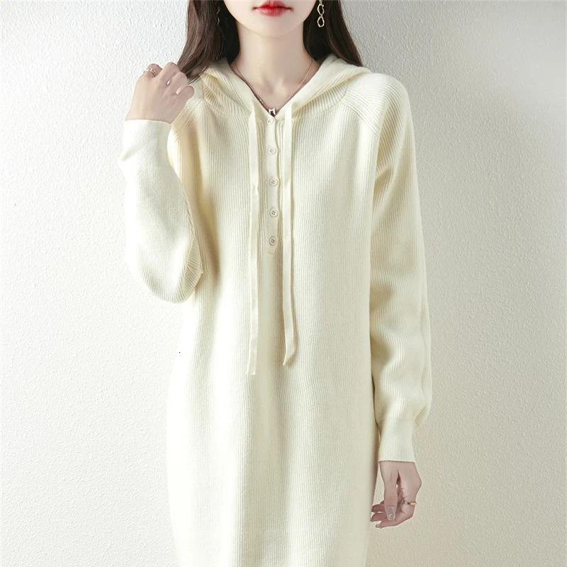 Hoodie knitted wool dress Womens AutumnWinter Style Loose hoodie Wearing a long coat 241007