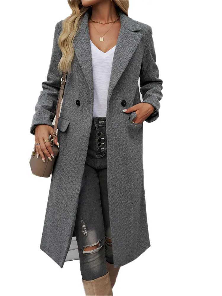 Woollen Blends Overcoat Coat Women Elegant Long Sleeve Button Single Breasted Solid Outwear Winter Casual Fashion StreetwearX241009