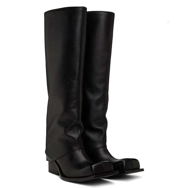 2023 New Big Apron Square Round Head Long Barrel Women's Genuine Leather Thick Sole Metal Knight Boots
