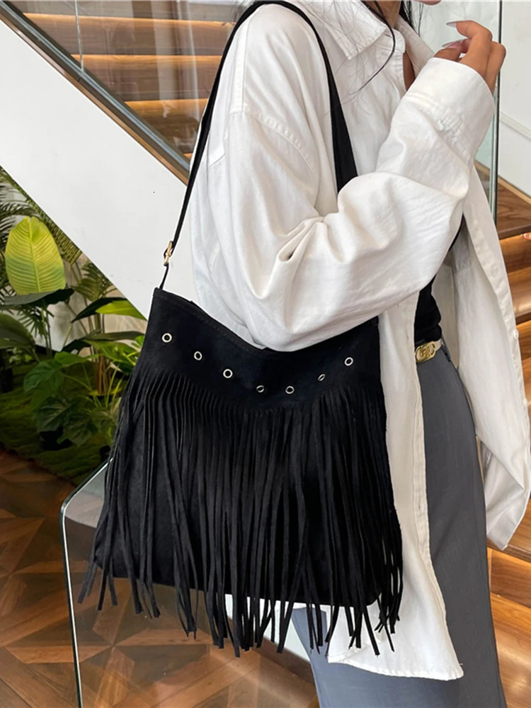 Womens retro cross body bag large capacity suede leather retro messenger bag solid color edge bag womens denim bag 241008