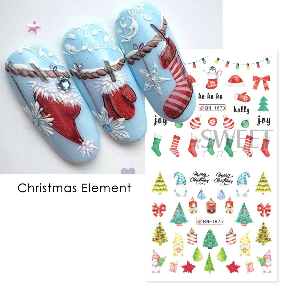 12 Christmas Happy Waternail Stickers Gonk Elk Cookie Snowflake Celebration Ball Sliders Winter Year Handmade Decorative Foil 241008