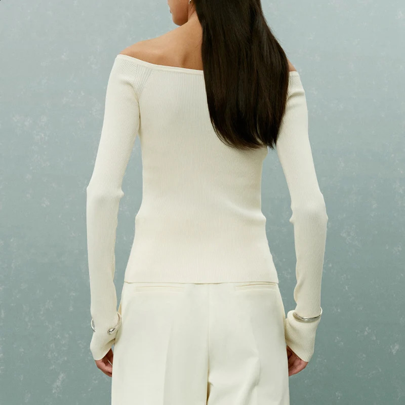 DGLUKE White Off Shoulder Sweater Womens Ribbon Knitted Long Sleeve Sweater Spring and Autumn Elegant Top 240927