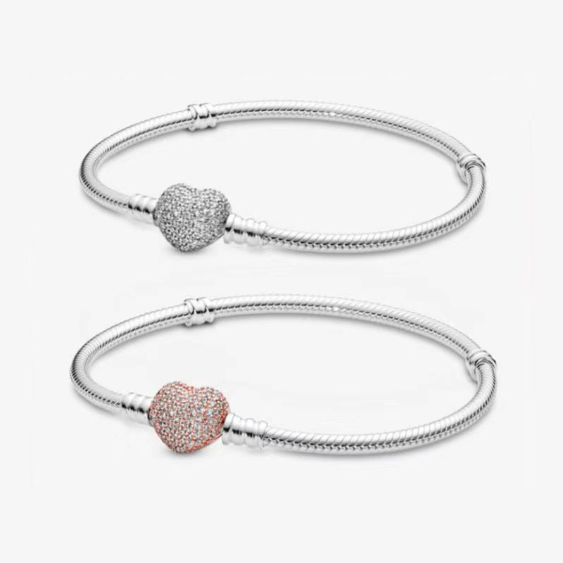 CZ Diamond Heart Charm Bracelets 3mm Snake Chain Luxury Designer Women Authentic s925 Sterling Silver Birthday Christmas Gifts Jewelry BR107