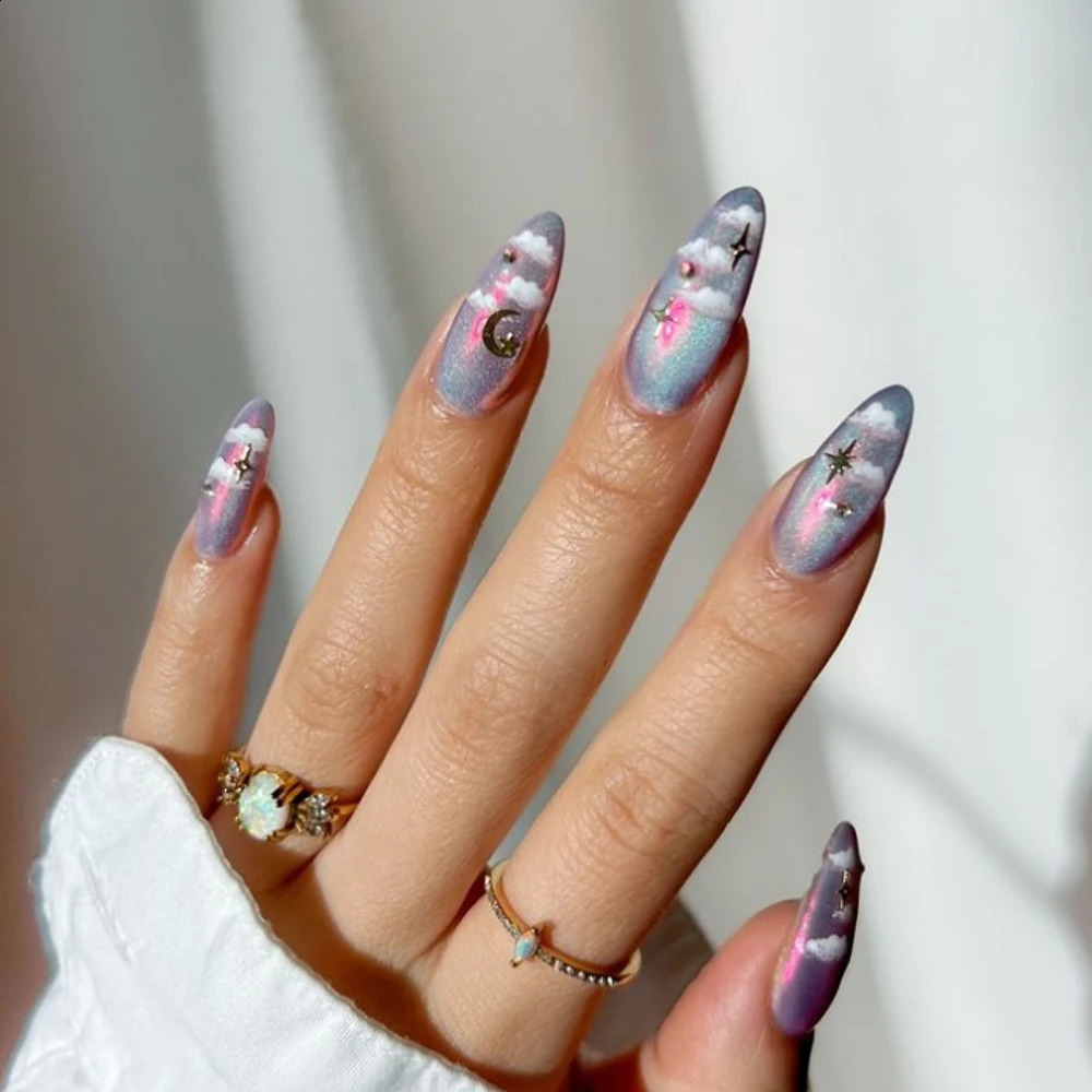 10 handmade almond fake nails 2024 cute cat eye limited edition press nail with adhesive nail file set 241008