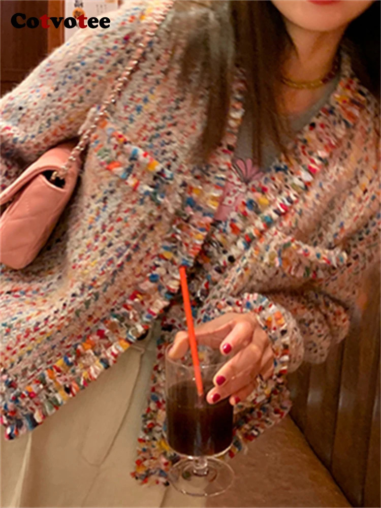 Cotvotee Rainbow Wool Coat Women 2024 Spring Autumn Fashion Long Sleeve Jackets Vintage V Neck Open Stitch Casual Chic Coats 240930