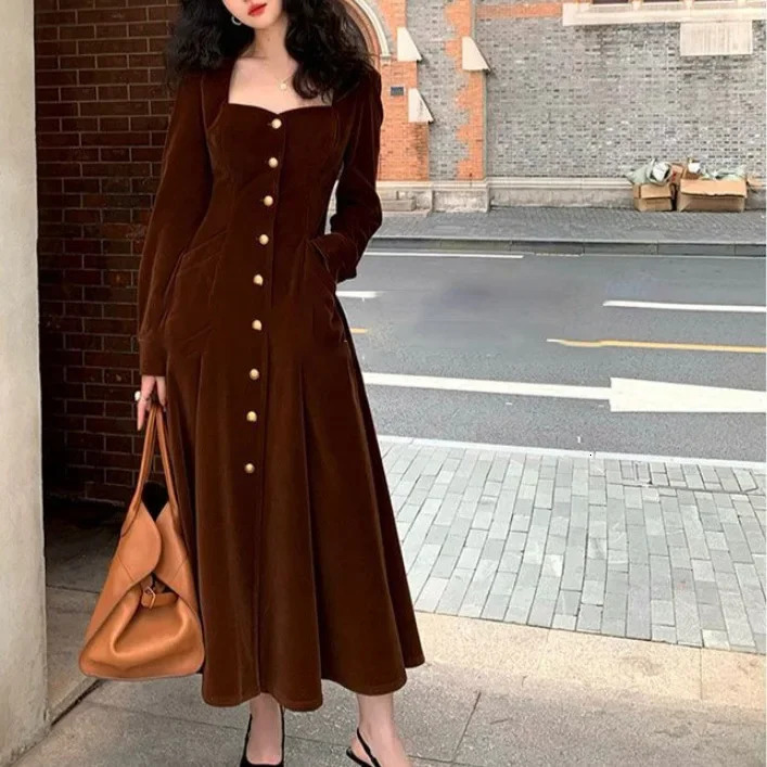 Elegant Retro French Thick Felt Womens Wear AutumnWinter Collection Waist Fit Wide Bottom Skiing 241007