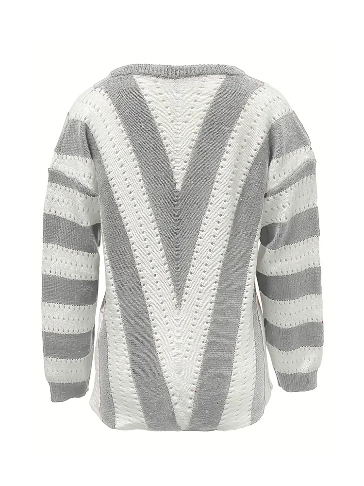 Plus Size Womens Long Sleeve Deep V Neck Zipped Up Hand Knit Striped Sweater Loose Pullover Jumper Tops