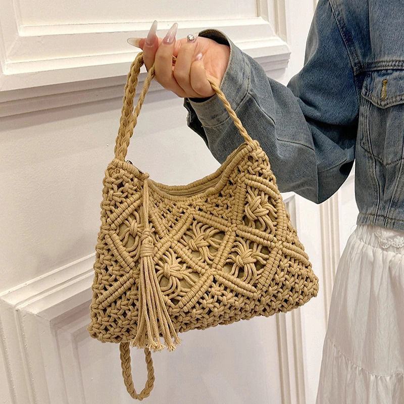 Womens crocheted shoulder bag tassel Bohemian solid color hollow hand woven cross shaped messenger bag handbag 241008