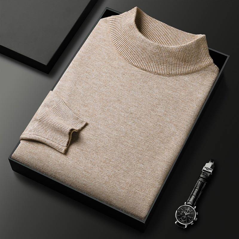 2024 new designer winter semi high neck knitted base sweater for middle-aged and young men, slim fit solid color hoodie in multiple colors