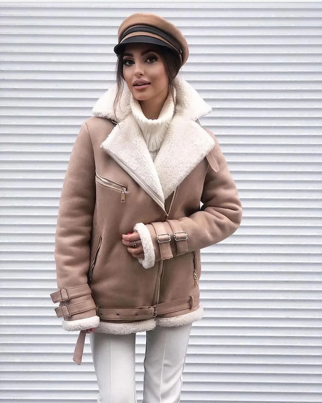 Autumn and winter suede lapel zipper cardigan fashionable womens long sleeved solid color jacket womens 241009