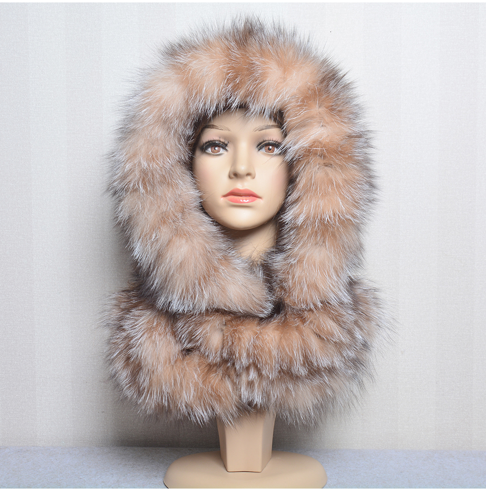 Hot Sell Winter Women Natural Hats&Scarves Lady Warm Fluffy Real Fox Hat&Scarf Knit Genuine Fur Hooded Scarf