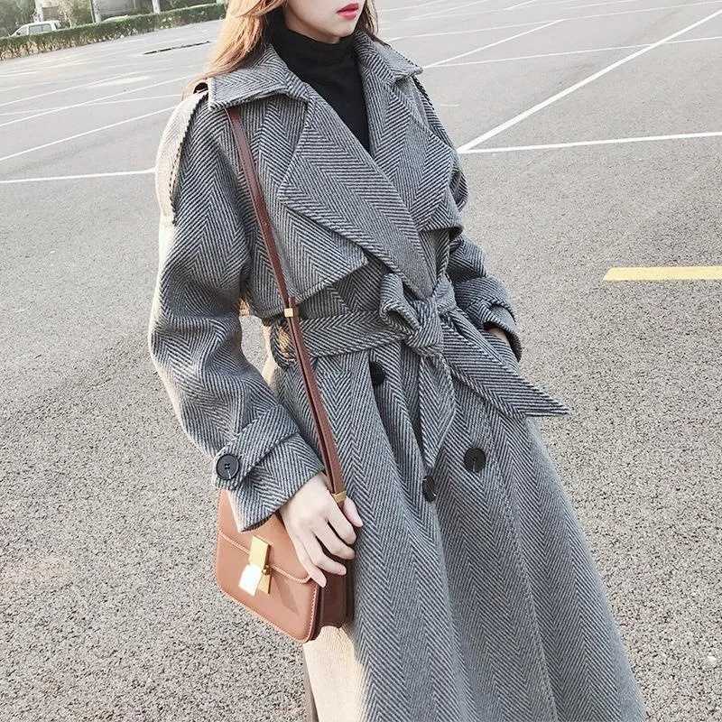 Womens Woolen Coat Autumn Winter Korean Long Sleeve Double Breasted Pocket Sashes Parkas Wool Jackets Loose All Match OvercoatX241009