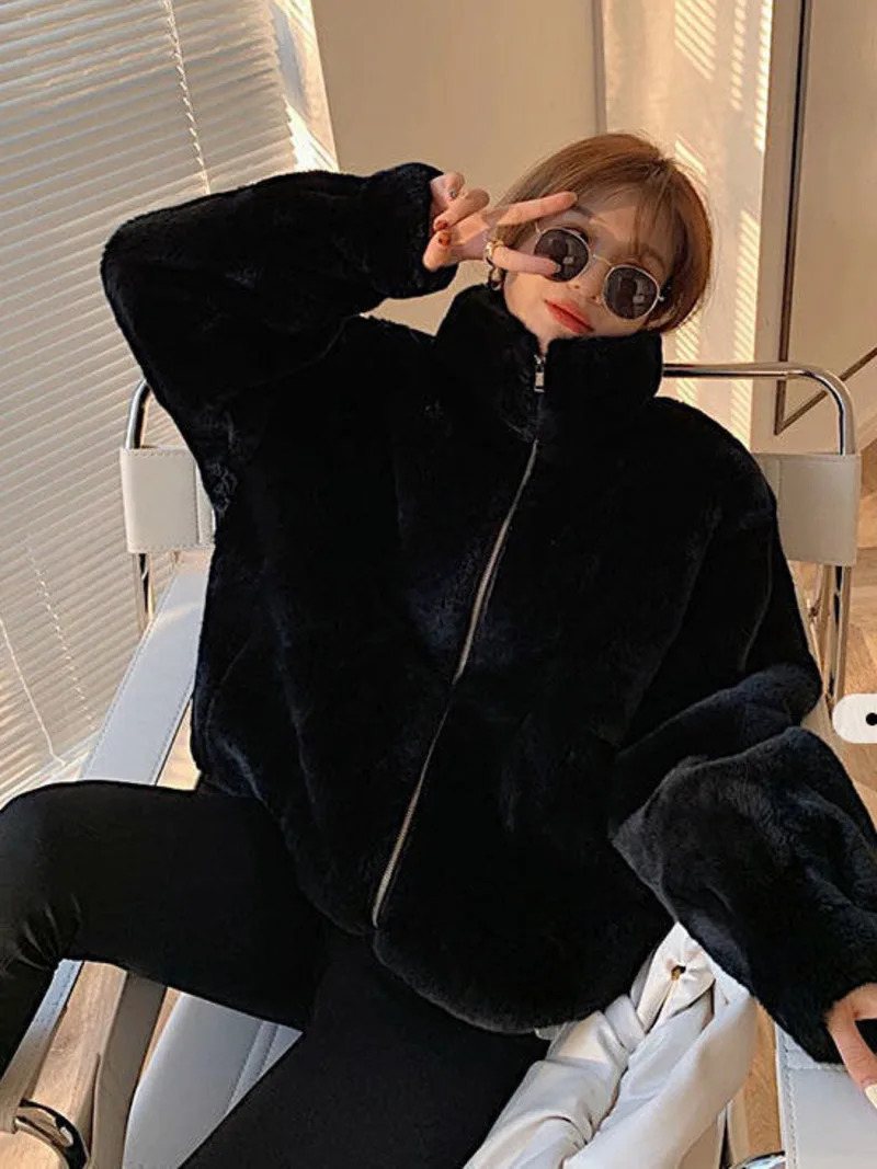 Plush jacket womens winter Rex rabbit fur medium long loose thick hooded womens jacket Ins 241007
