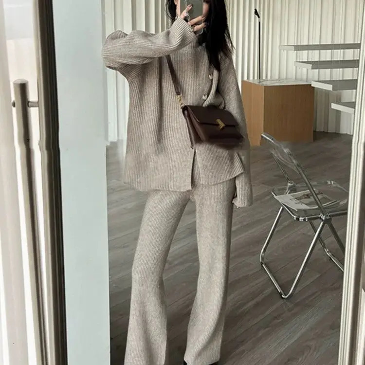 Womens semi high neck y knitted suit autumn and winter elegant fashionable casual sweater wide leg pants twopiece set 241008
