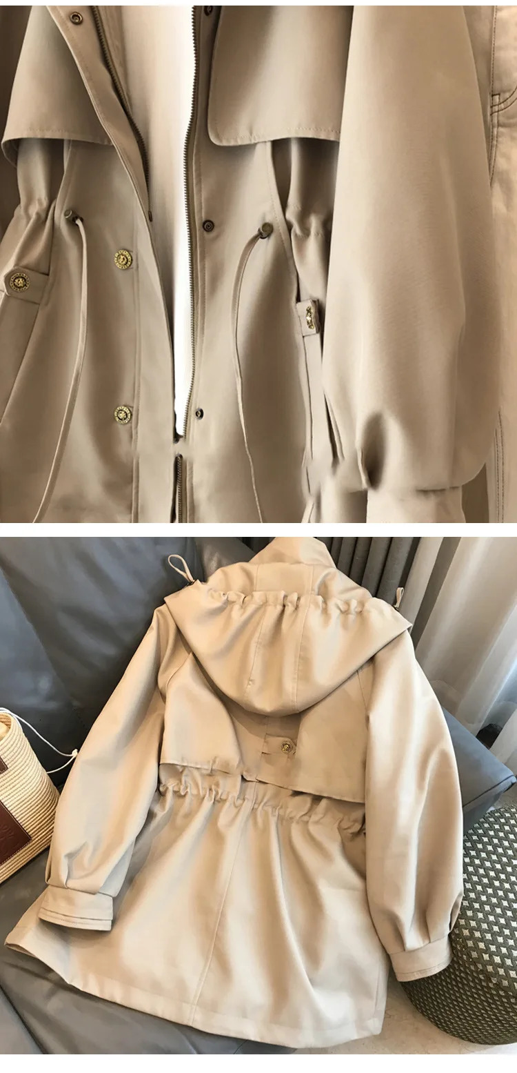 Womens khaki hooded trench coat autumn short style womens trench coat modern fashion womens trench coat 240927