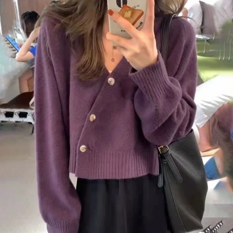 Cardigans for Women Asymmetrical Single Breasted ONeck Sweater 2024 Long Sleeve Fashion Female Solid Stretch Knitted Tops 241007