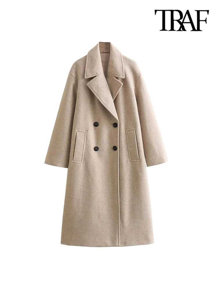 TRAF-Womens Soft Oversized Woolen Coat Long Sleeve Front Welt Pockets Female Outerwear Chic Overcoat FashionX241009