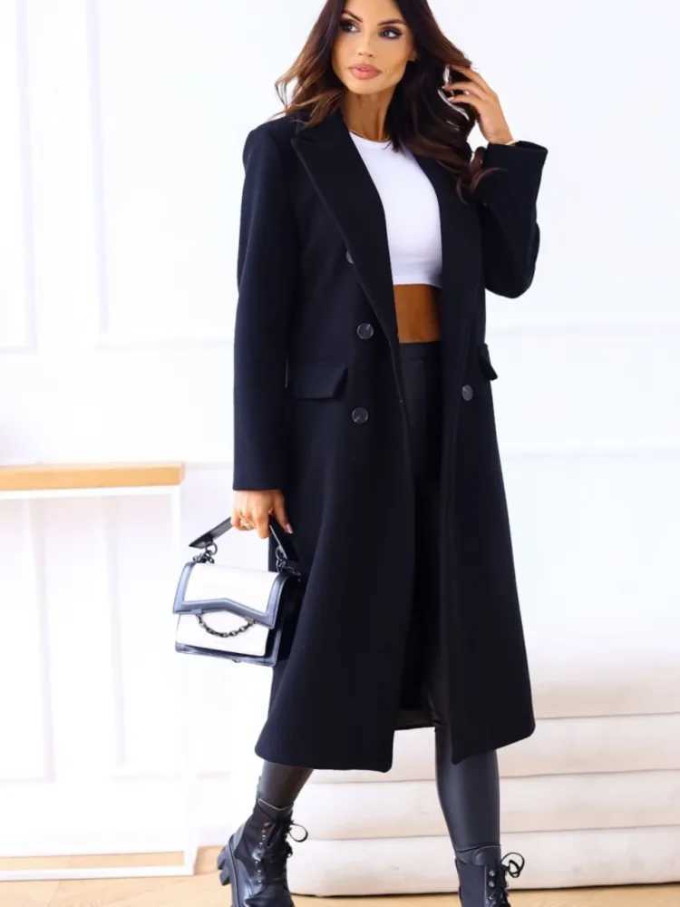 Autumn Woolen Midi Coat Women Long Sleeve Solid Fashion Casual Ladies Coats Loose Woman Coat 2023 Manteau FemmeX241009