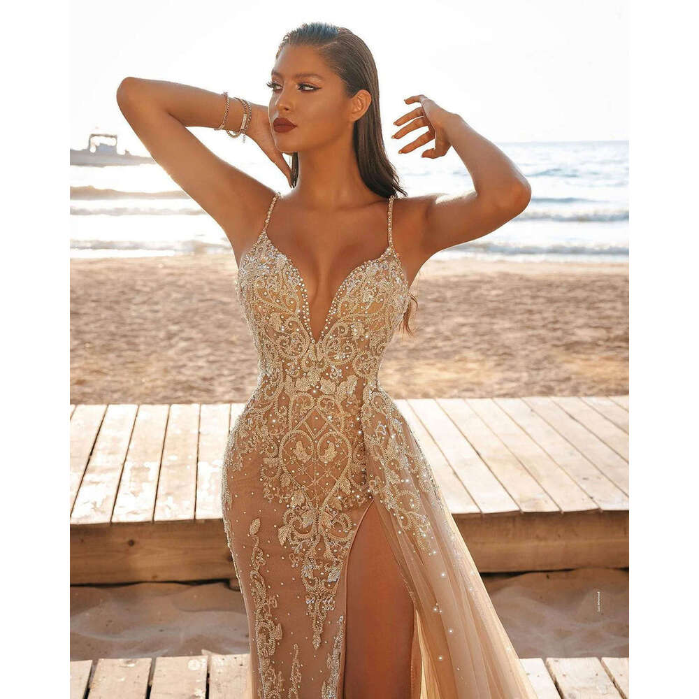 Romantic Evening A-E V-Neck Split Sequined Appliques Backless Prom Gown Party Dress Vestido De Noite Custom Made 6660311