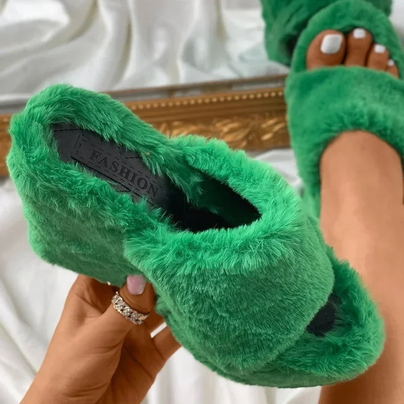 Winter womens fashion slider artificial fur fluffy fur platform thick heel outdoor slider height increases shoes for women 241007