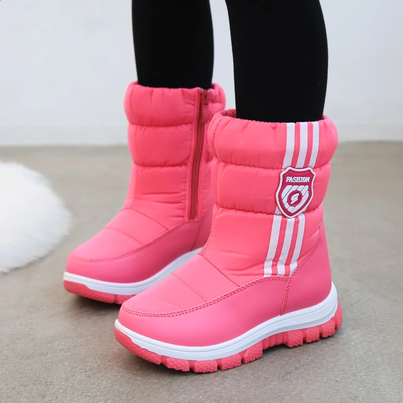 Winter warm fur ankle boots childrens black fur leather shoes girls anti slip waterproof childrens shoes fashion snow boots pink 240925