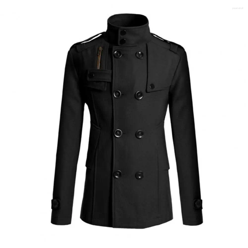 Men's Trench Coats Men Woolen Coat Stand Collar Long Sleeve Windbreaker With Double-Breasted Closure Pockets Solid Color Mid-Length Outwear B4