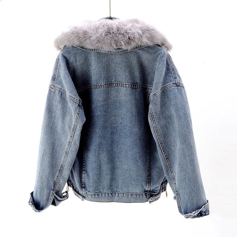 Winter Thick Real Fur Collar Rabbit Liner Denim Jacket Coat Women Outwear Loose Short Hem Split Fork Jeans Female 241008