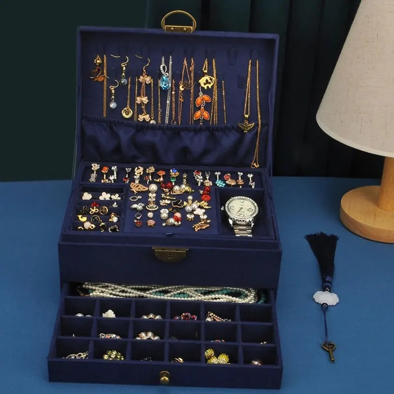 2024 3-layer Retro Style Velvet Jewelry Box Double Lock Storage Box Necklace Watch Earrings Jewelry Box Ring Box Gift Packaging 240924