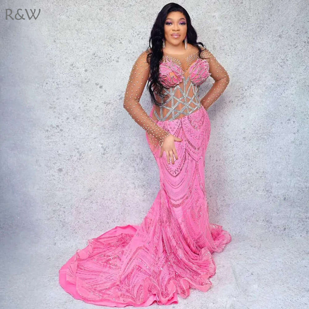 R&W 2024 Plus Size Pink Prom Mermaid Promdress Illusion Long Sleeves Beaded Lace Rhies Decorated urious Birthday Dress Second Reception Gowns AM1234
