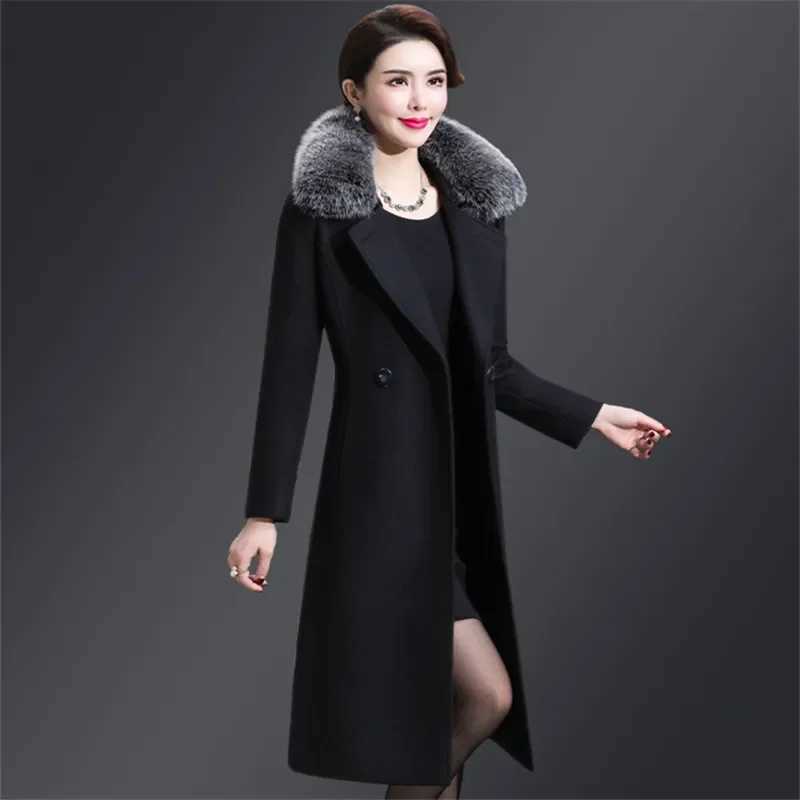 2023 New Winter Jacket Women Wool Coat Big Fur Collar Woolen Blend Coat Elegant Long Overcoat Outwear Manteau Femme HiverX241009