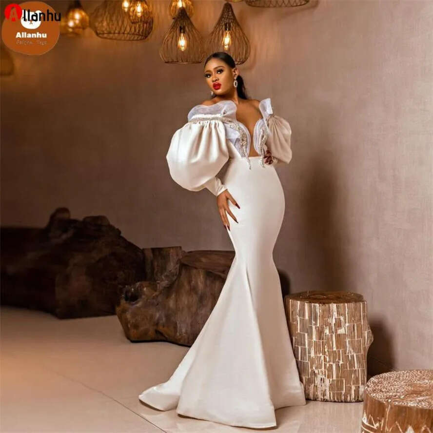 Elegant Mermaid White Evening Dresses Fpr Arabic Women Beads Puffy Long Sleeves Or Length Party Pageant Prom Dress Robe De Soiree5J1